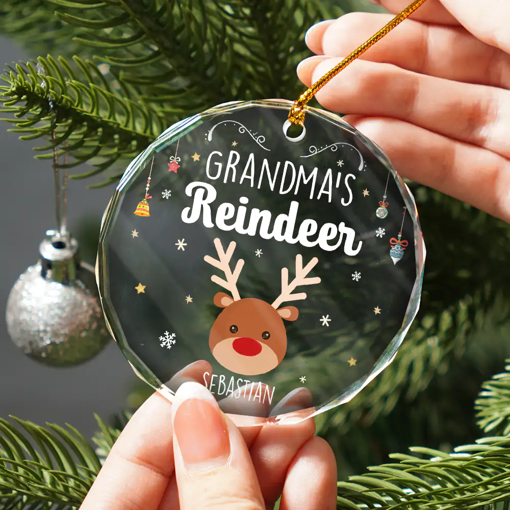 Grandkids Grandma Grandpa Mom Dad Reindeer - Personalized Circle Glass Ornament - Image 2