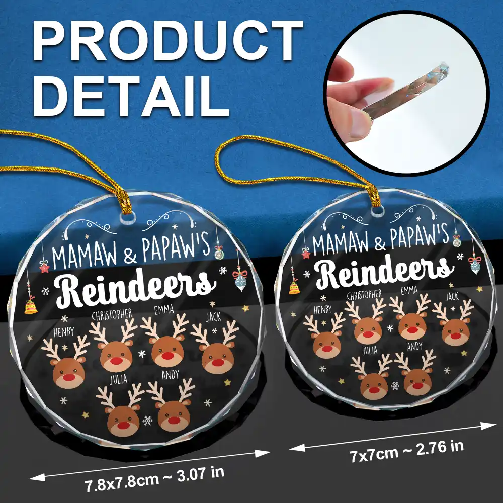 Grandkids Grandma Grandpa Mom Dad Reindeer - Personalized Circle Glass Ornament - Image 6