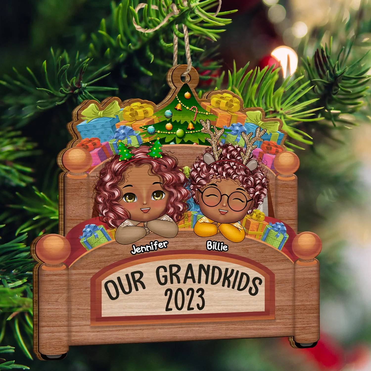 Grandkids In Bed - Christmas, Loving Gift For Grandpa, Grandma, Grandparents - Personalized Custom Shaped Wooden Ornament - Image 3