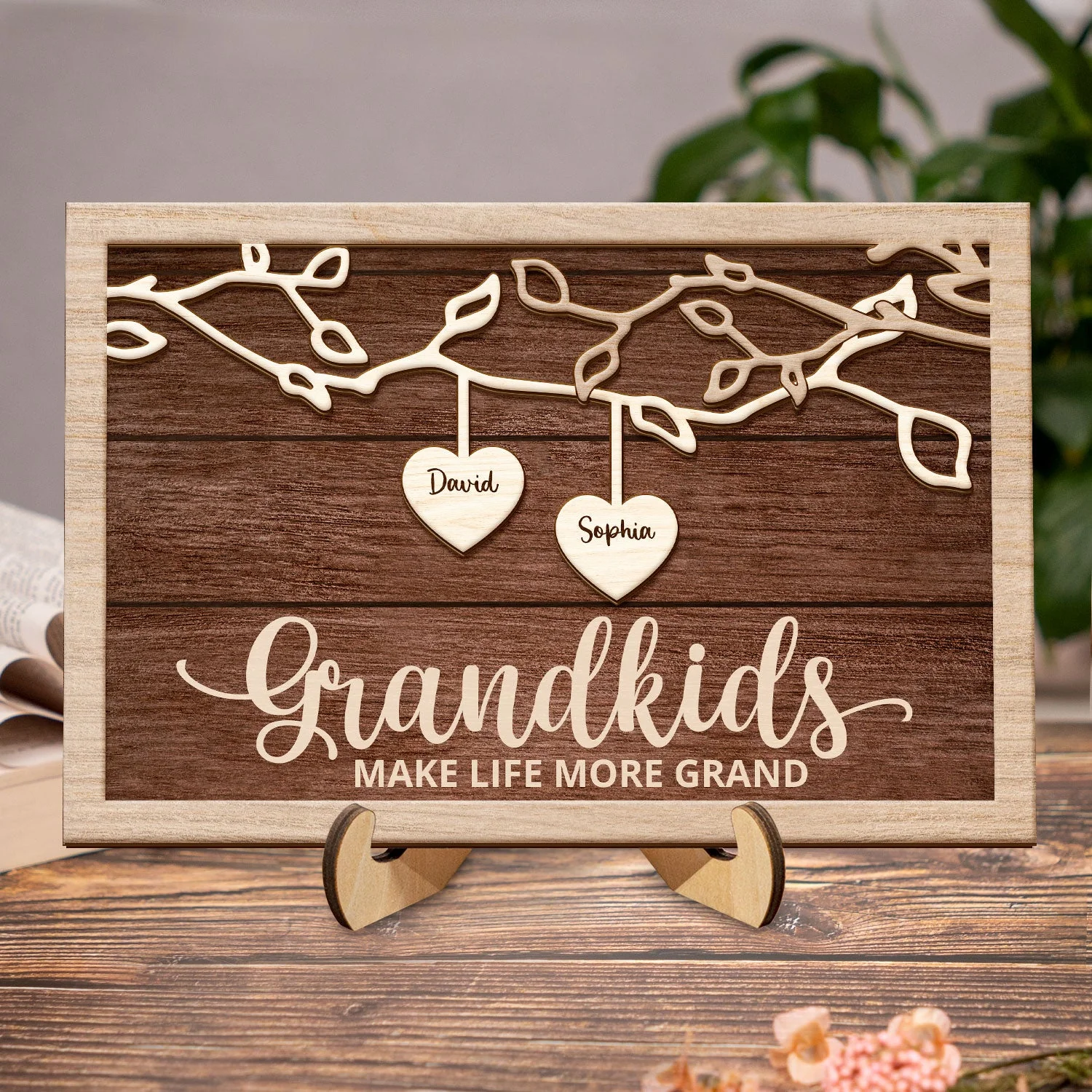 Grandkids Make Life More Grand - Gift For Grandma, Grandpa, Grandparents, Dad, Mom - Personalized 2-Layered Wooden Plaque With Stand - Image 2