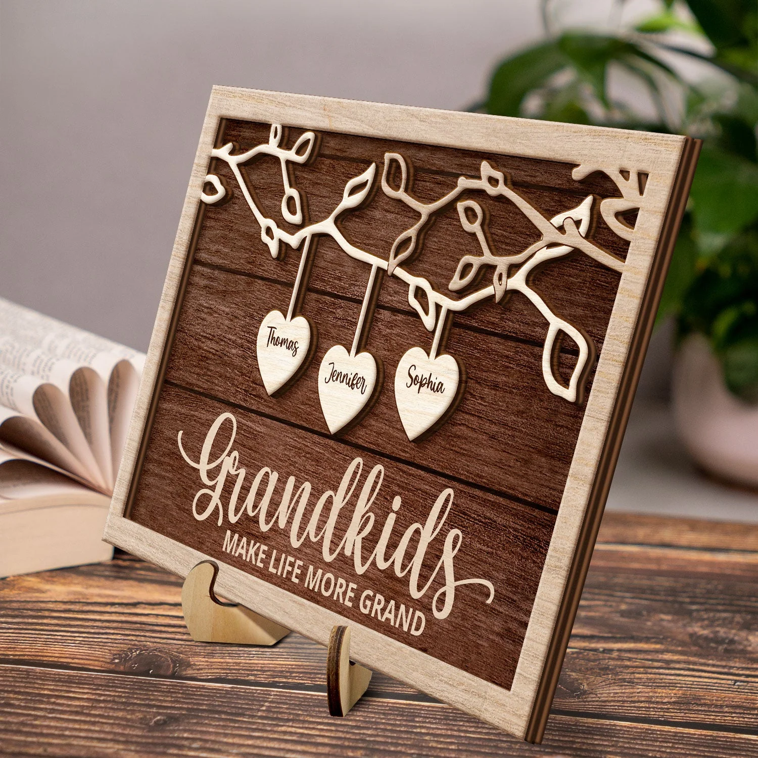 Grandkids Make Life More Grand - Gift For Grandma, Grandpa, Grandparents, Dad, Mom - Personalized 2-Layered Wooden Plaque With Stand - Image 3