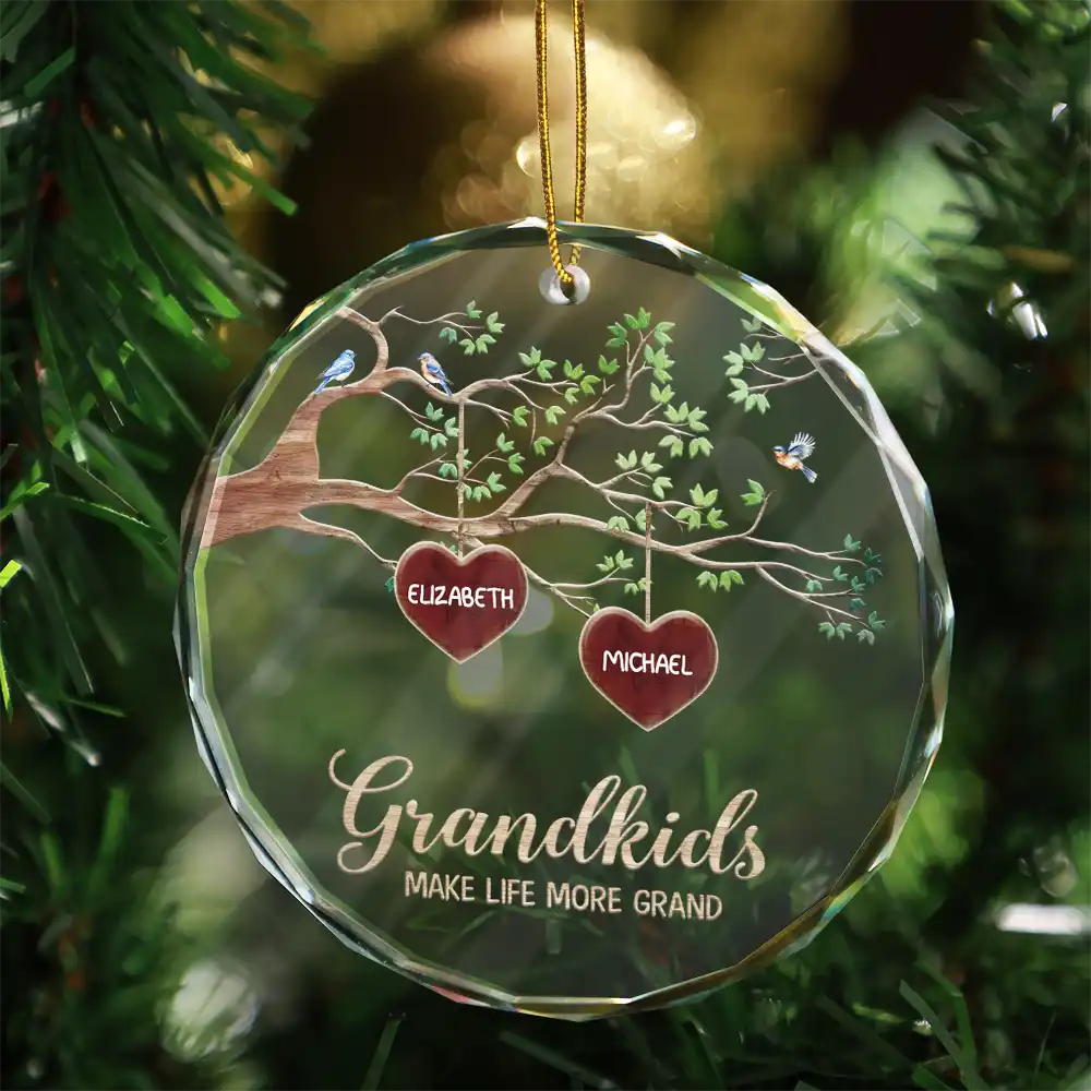 Grandkids Make Life More Grand Tree Of Hearts Grandma Grandpa - Personalized Glass Ornament - Image 3