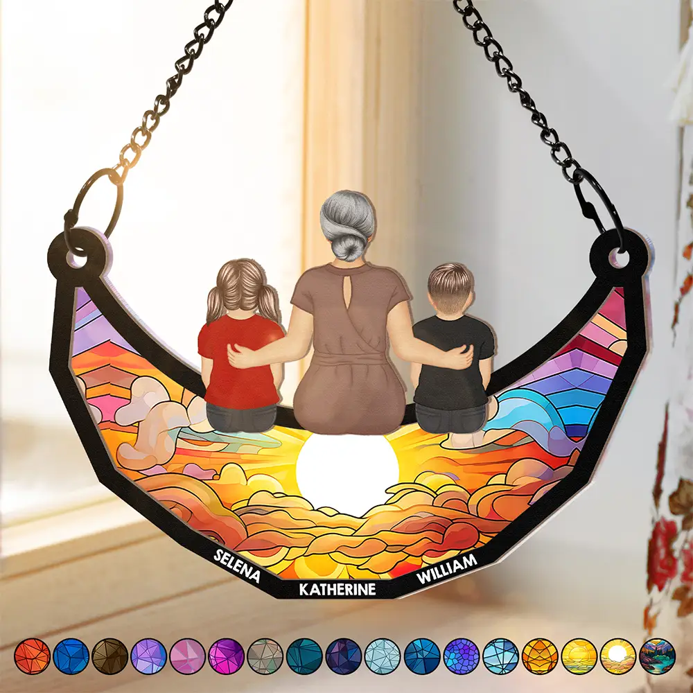 Grandma Mom And Children Sitting On The Moon - Personalized Window Hanging Suncatcher Ornament - Image 2