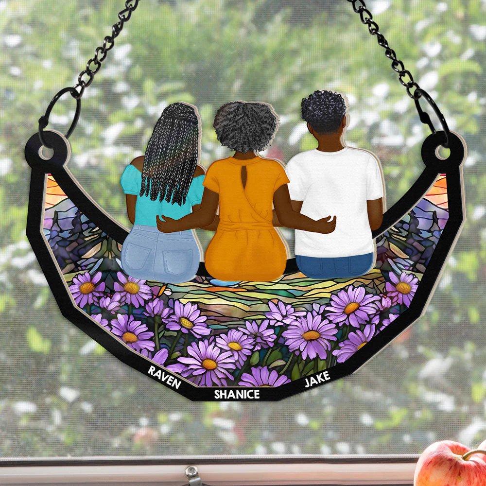 Grandma Mom And Children Sitting On The Moon - Personalized Window Hanging Suncatcher Ornament - Image 3