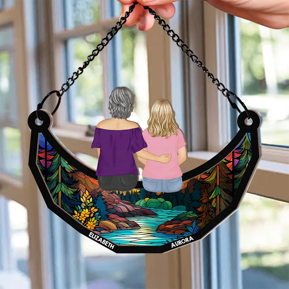 Grandma Mom And Children Sitting On The Moon - Personalized Window Hanging Suncatcher Ornament - Image 4