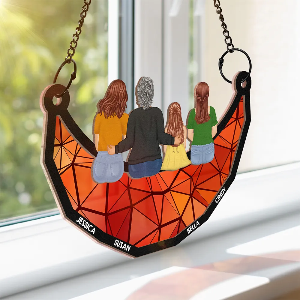 Grandma Mom And Children Sitting On The Moon - Personalized Window Hanging Suncatcher Ornament - Image 5