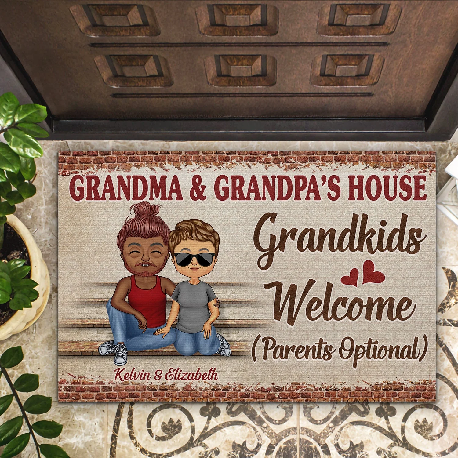 Grandma And Grandpa's House Grandkids Welcome Parents Optional Grandparents Chibi Couple - Family Gift - Personalized Custom Doormat - Image 2