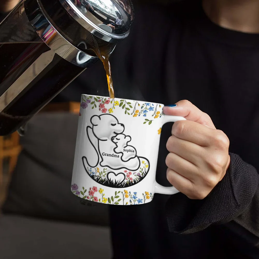 Grandma Bear Floral - 3D Inflated Effect Printed Mug, Personalized White Edge-to-Edge Mug - Image 4