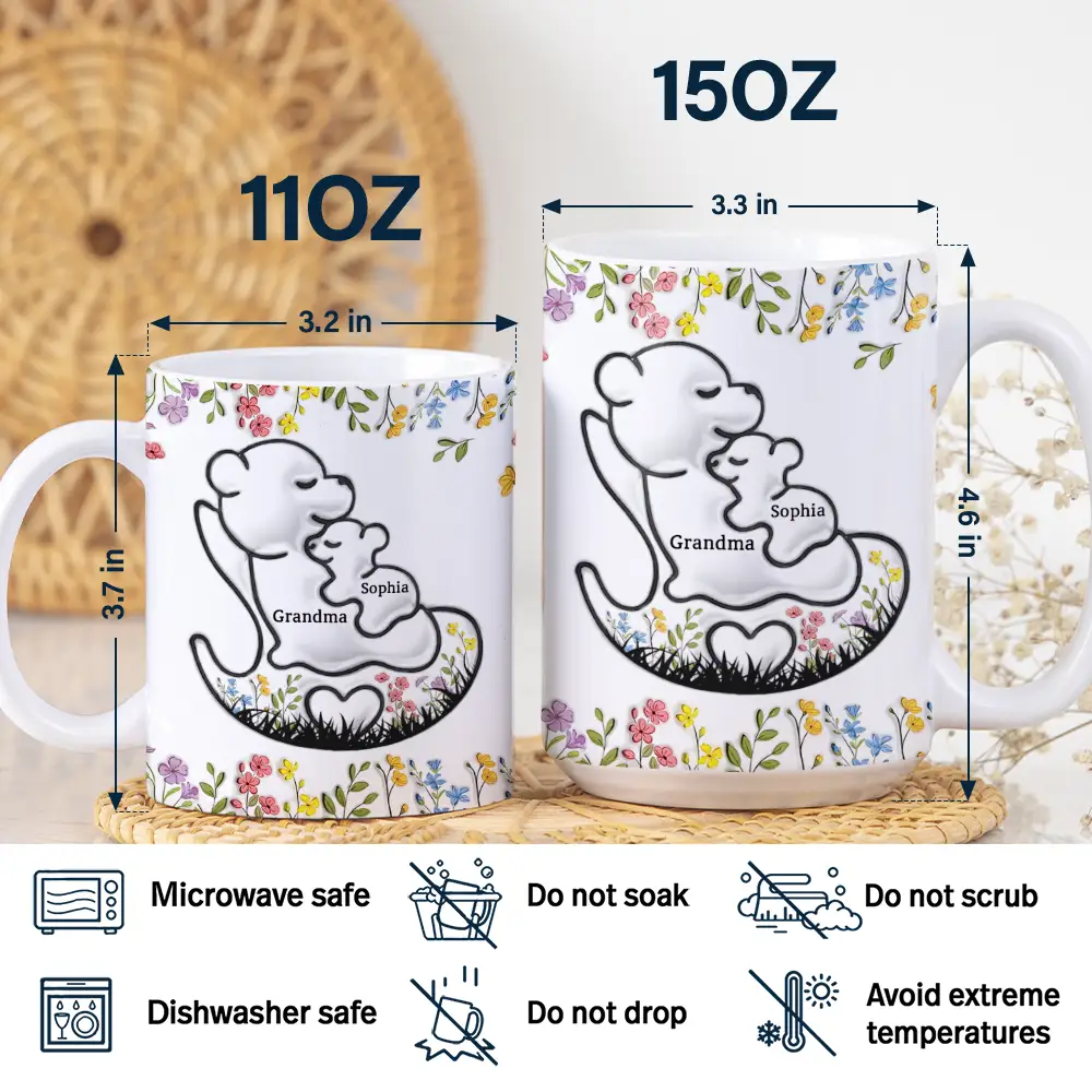 Grandma Bear Floral - 3D Inflated Effect Printed Mug, Personalized White Edge-to-Edge Mug - Image 5