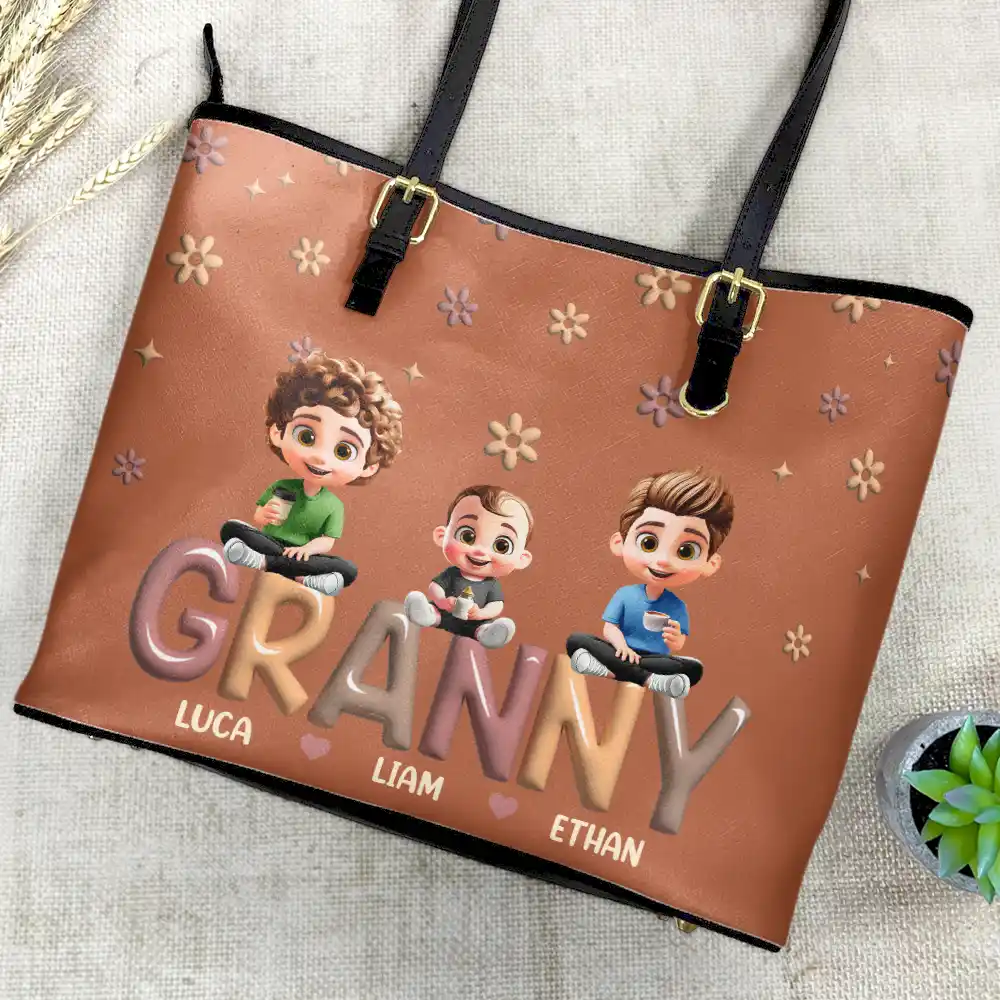 Grandma Grandkid Cartoon - Personalized Leather Tote Bag - Image 4