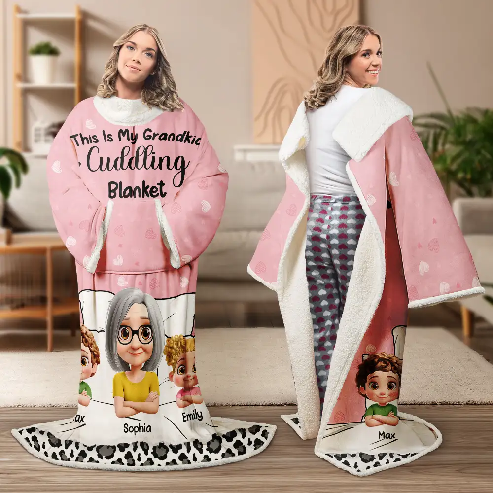 Grandma Grandpa My Grandkid Cuddling - Personalized Wearable Blanket With Sleeves - Image 5