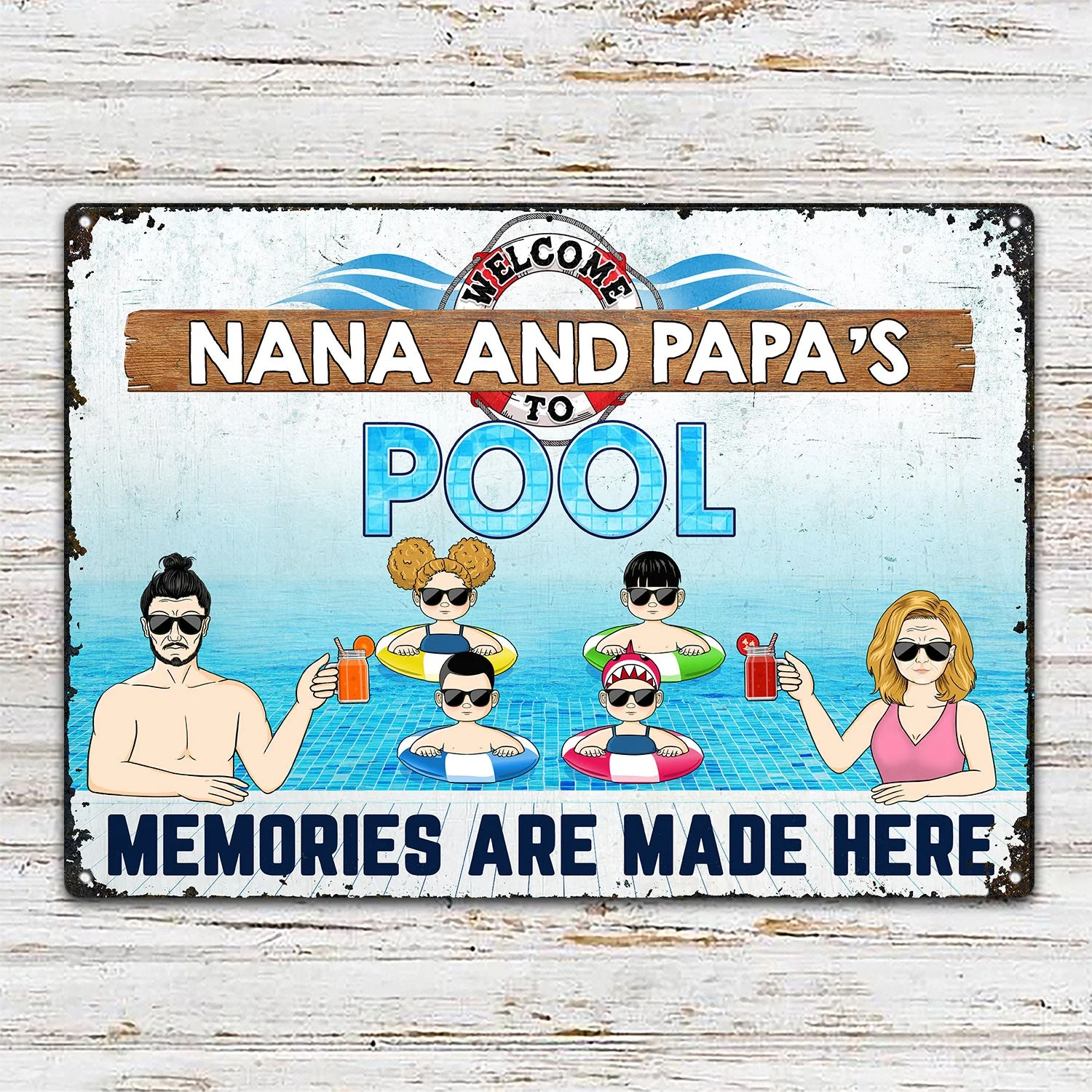 Grandma & Grandpa Swimming Pool Memories Are Made Here - Gift For Grandparents - Personalized Custom Classic Metal Signs - Image 2