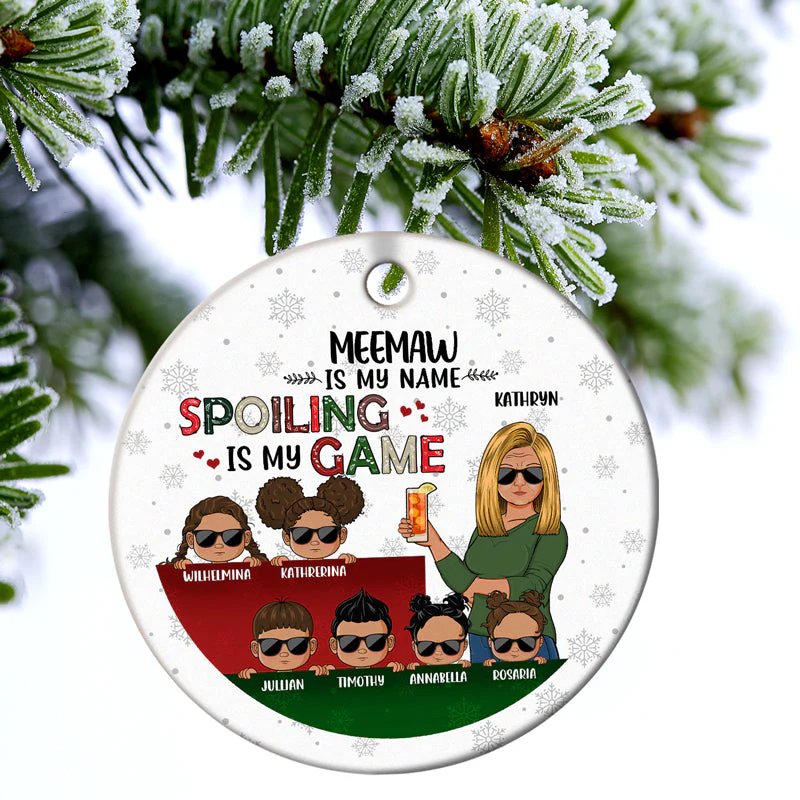 Grandma Is My Name Spoiling Is My Game - Christmas Gift For Family - Personalized Custom Circle Ceramic Ornament - Image 3