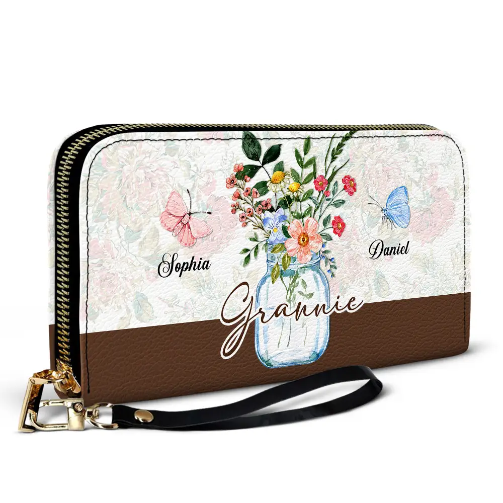 Grandma Jar Of Flowers And Butterfly Grandkids - Personalized Leather Long Wallet - Image 2