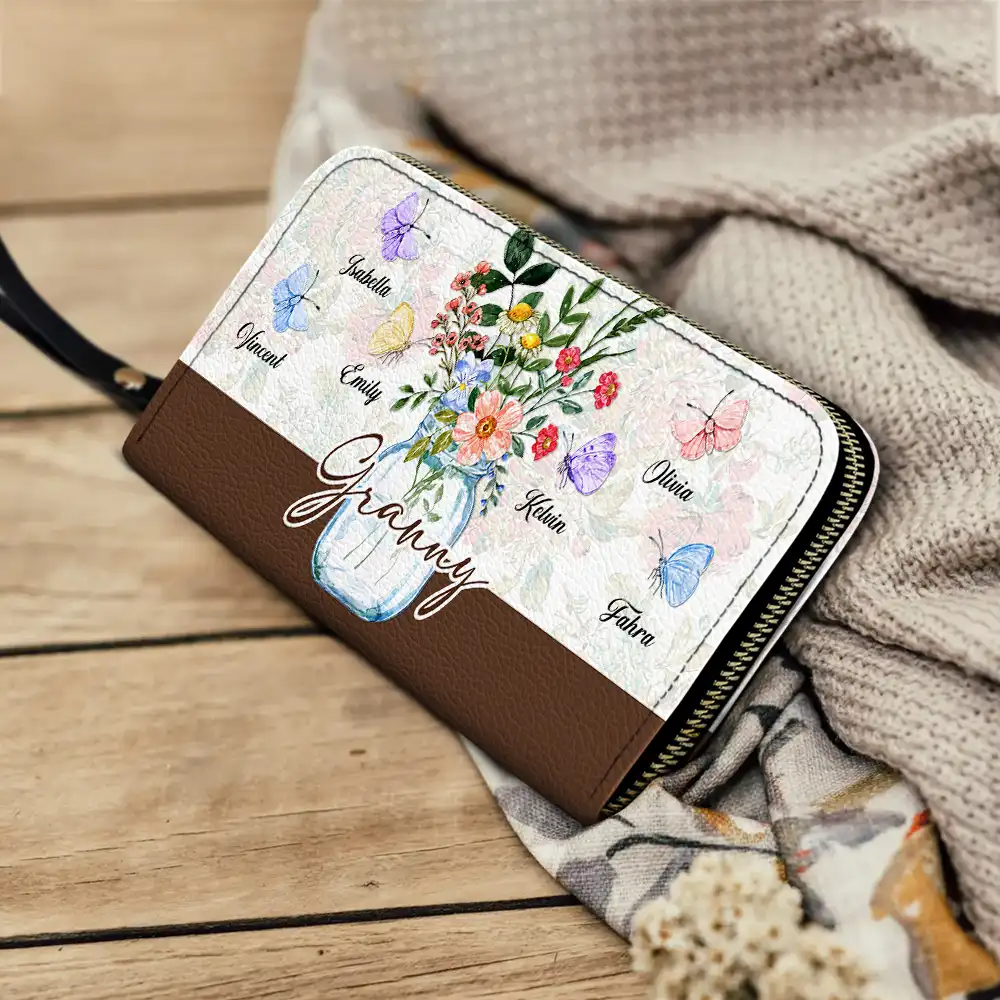 Grandma Jar Of Flowers And Butterfly Grandkids - Personalized Leather Long Wallet - Image 4