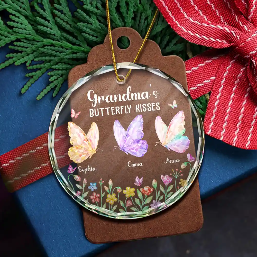 Grandma Kisses Crystal Effect Butterflies - Personalized Circle Glass Ornament - Image 5