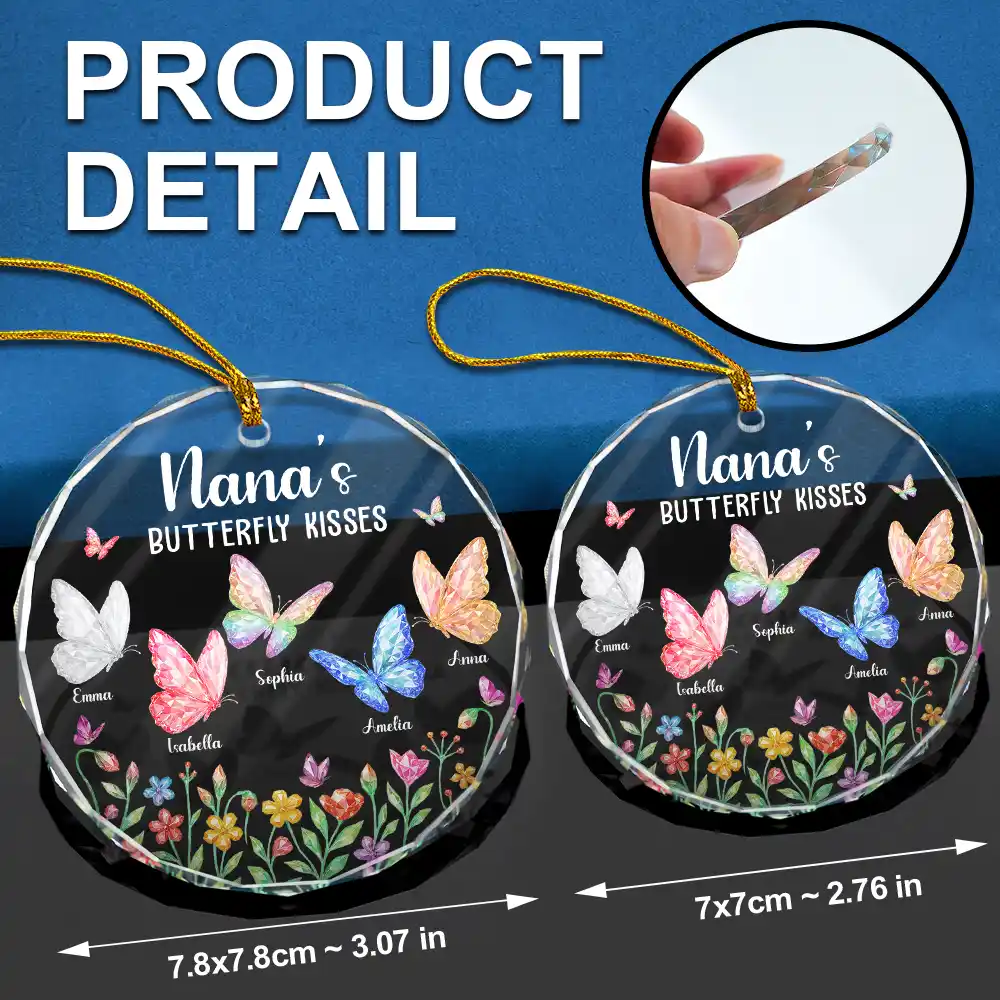 Grandma Kisses Crystal Effect Butterflies - Personalized Circle Glass Ornament - Image 6