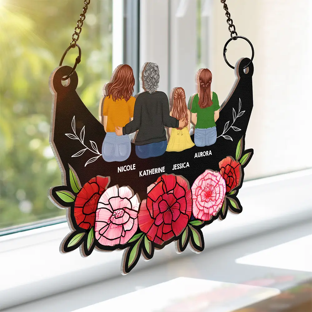 Grandma Mom And Children Sitting On Floral Moon - Personalized Window Hanging Suncatcher Ornament - Image 3
