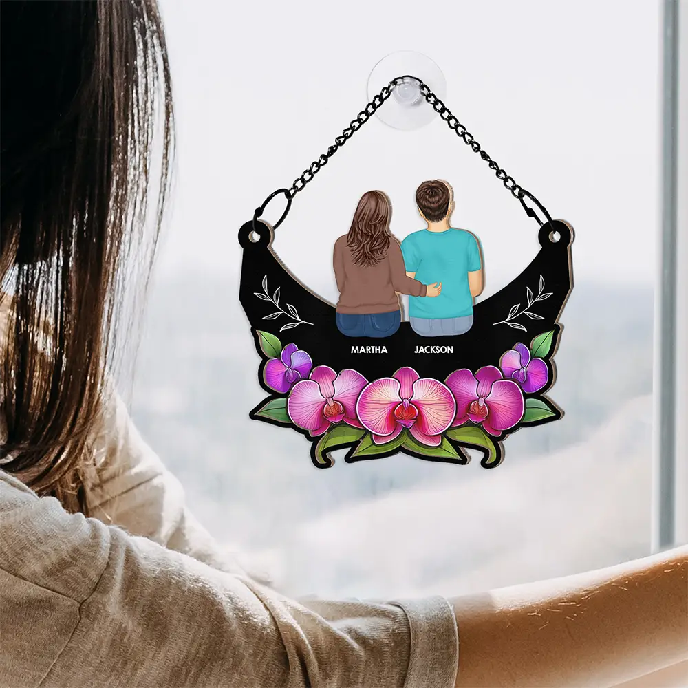 Grandma Mom And Children Sitting On Floral Moon - Personalized Window Hanging Suncatcher Ornament - Image 4