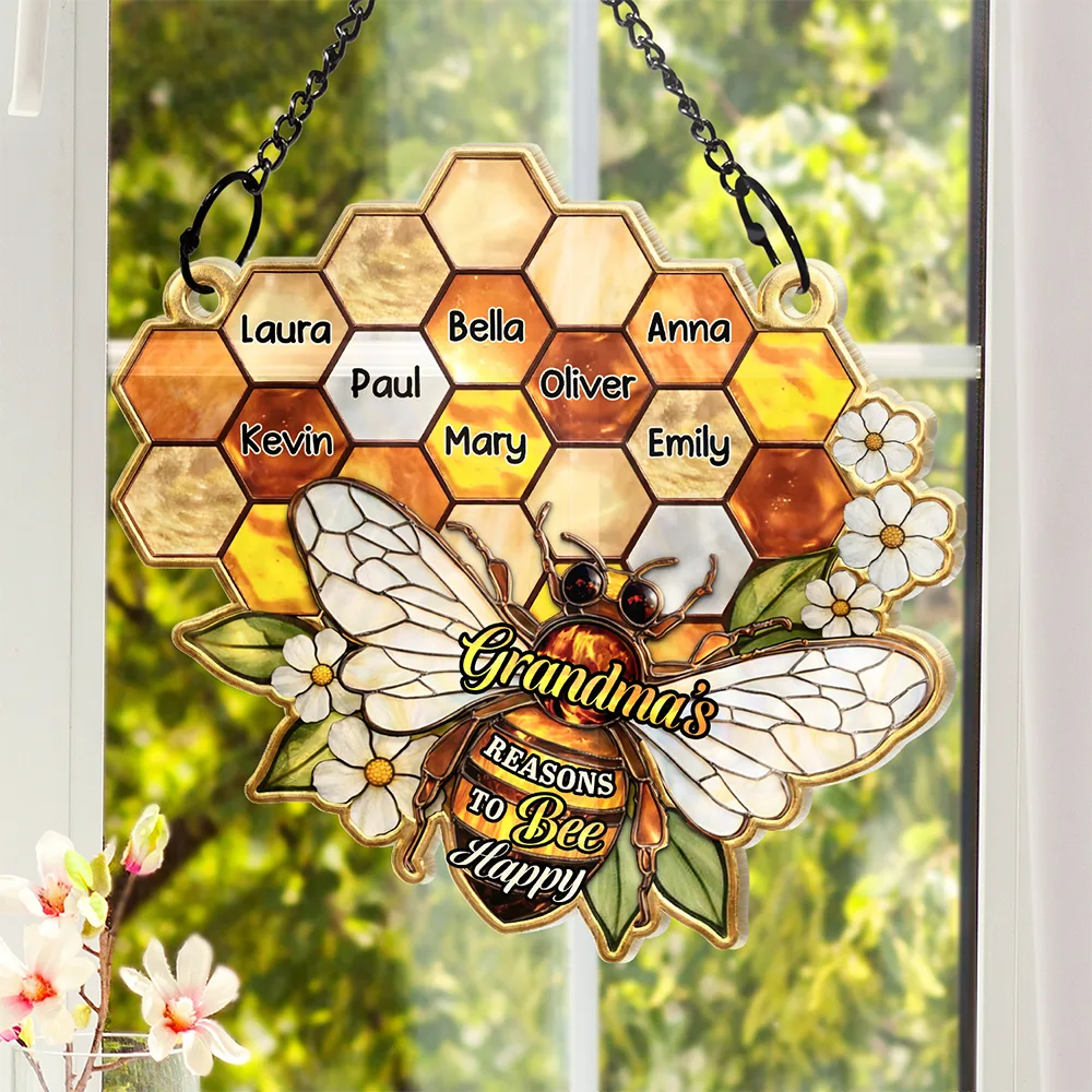 Grandma Mom Bee Stained Glass Effect - Personalized Window Hanging Suncatcher Ornament