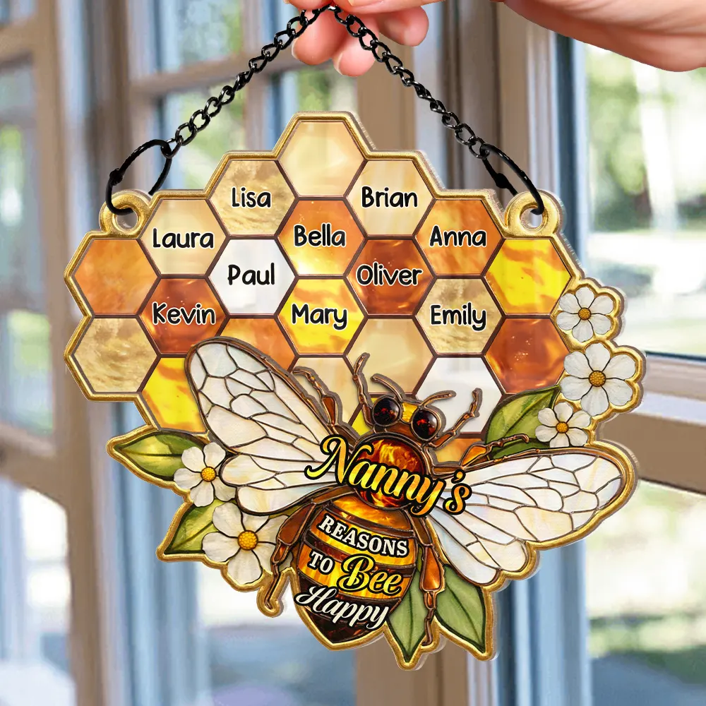 Grandma Mom Bee Stained Glass Effect - Personalized Window Hanging Suncatcher Ornament - Image 2
