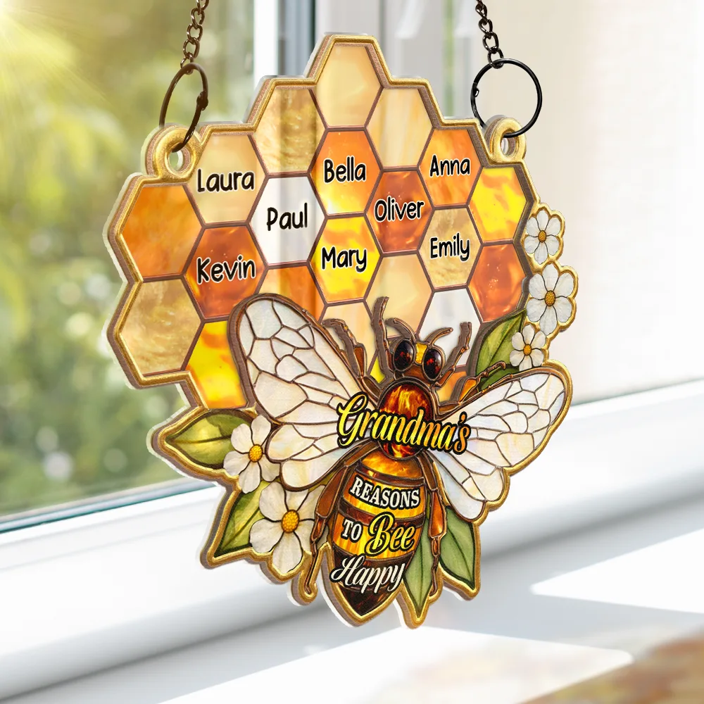 Grandma Mom Bee Stained Glass Effect - Personalized Window Hanging Suncatcher Ornament - Image 4