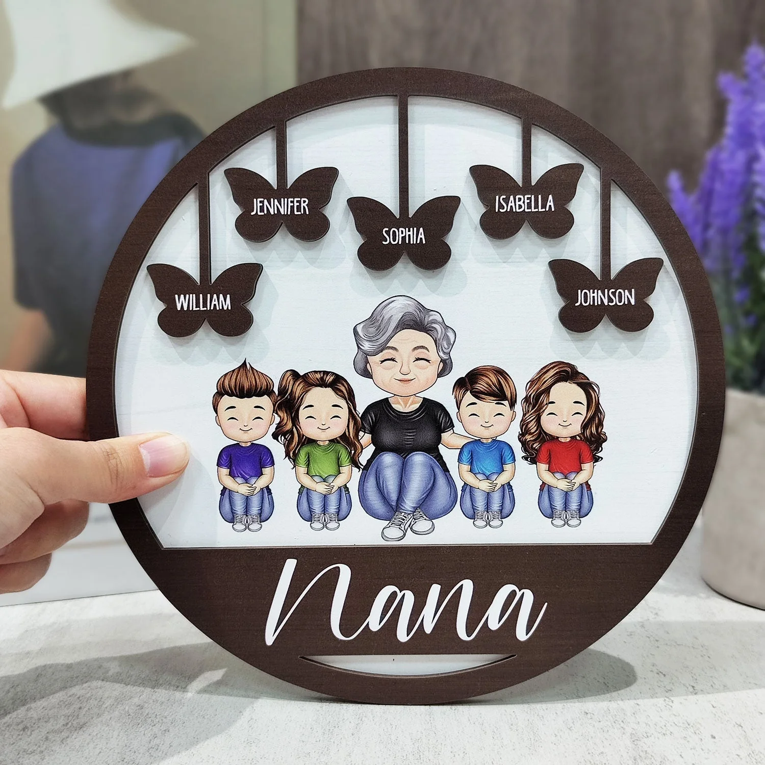 Grandma Mom Grandkids Kids Butterflies - Gift For Mother, Grandmother - Personalized 2-Layered Wooden Plaque With Stand - Image 3