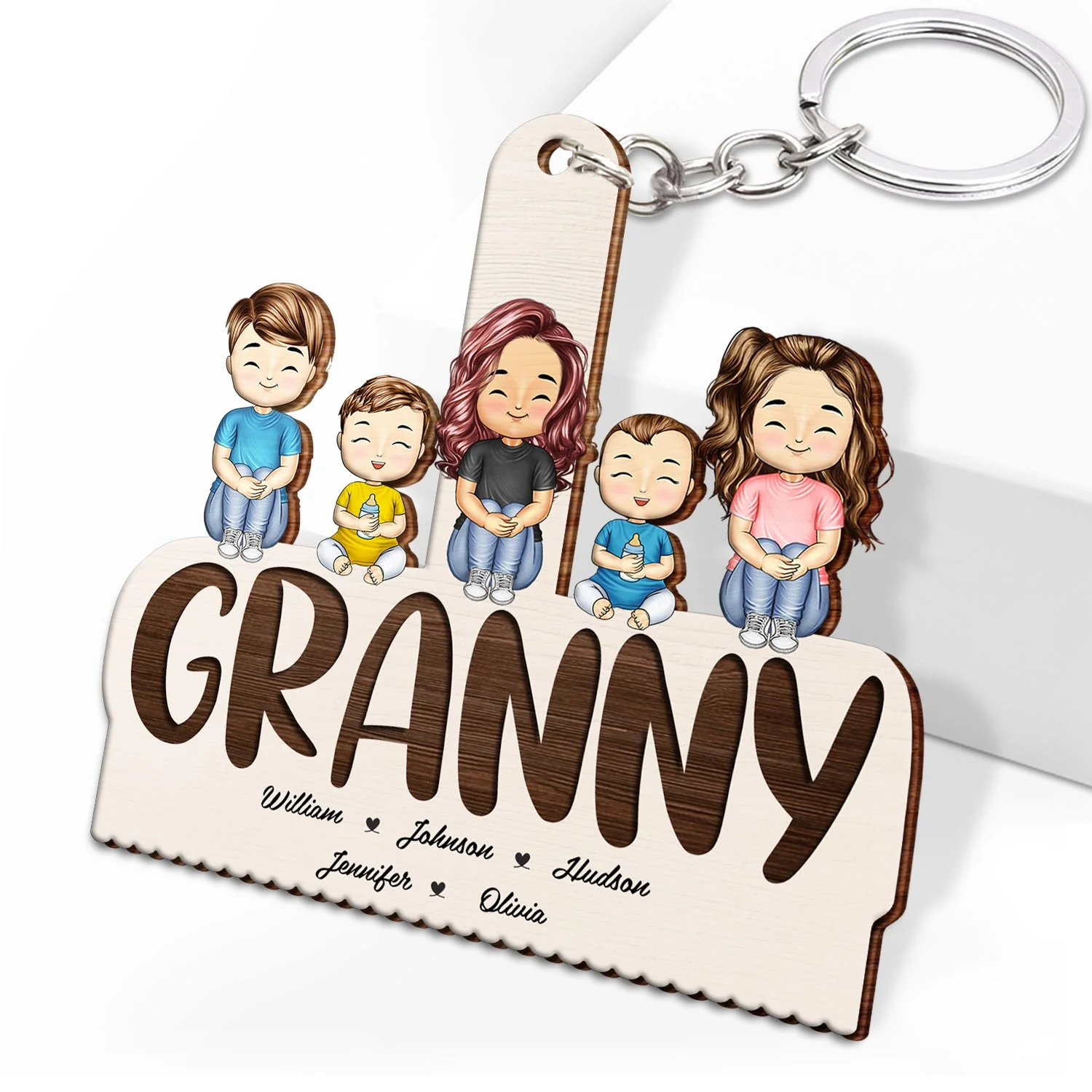 Grandma Mom Grandkids Kids Sitting - Gift For Mother, Grandmother - Personalized Cutout Wooden Keychain - Image 2