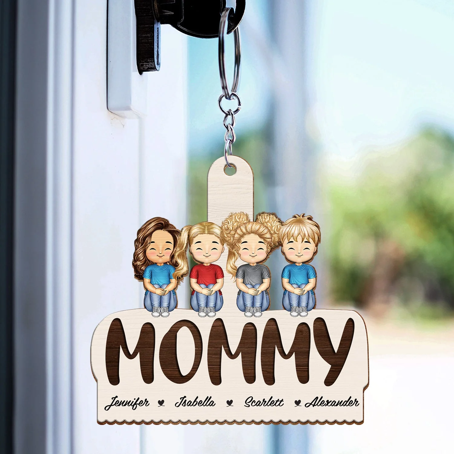 Grandma Mom Grandkids Kids Sitting - Gift For Mother, Grandmother - Personalized Cutout Wooden Keychain - Image 3
