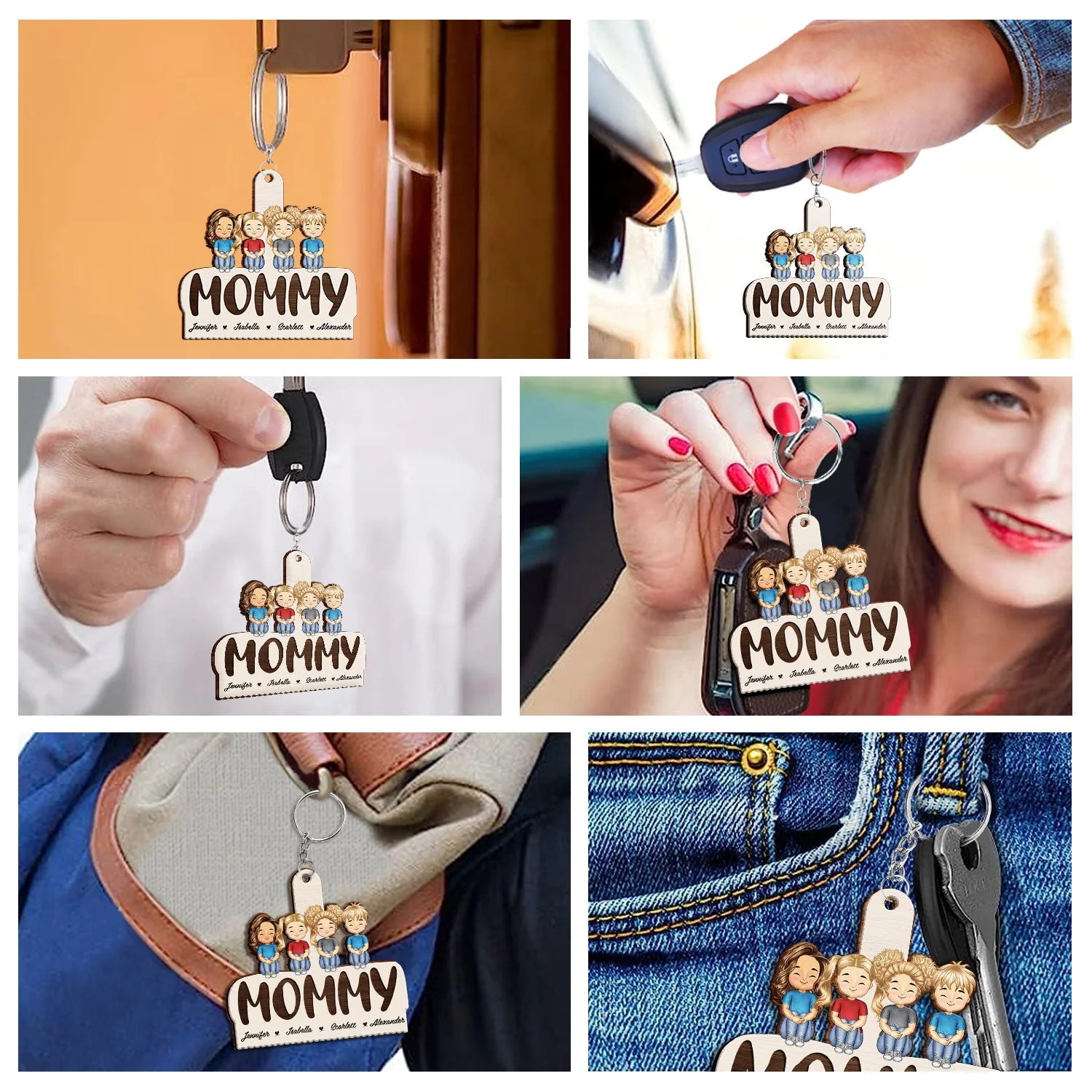 Grandma Mom Grandkids Kids Sitting - Gift For Mother, Grandmother - Personalized Cutout Wooden Keychain - Image 6