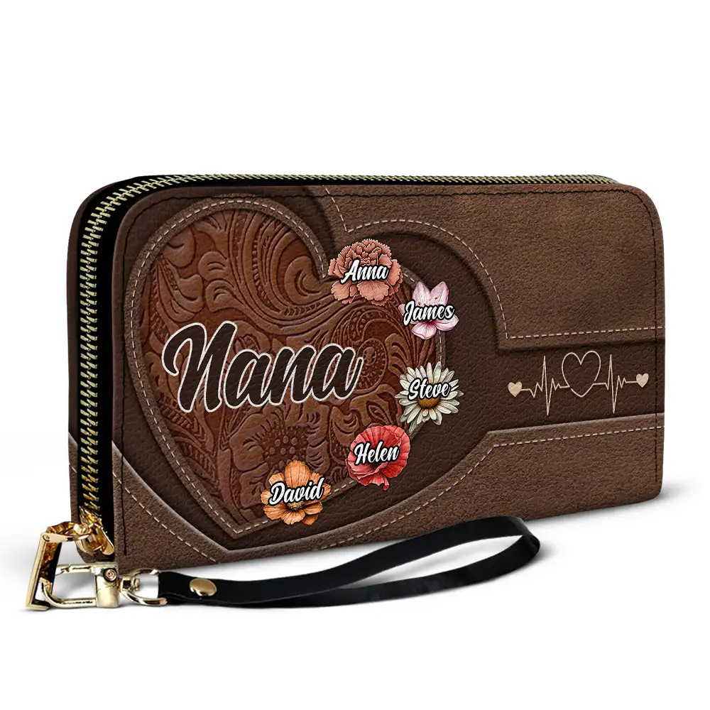 Grandma Mom Kids Birth Flowers Blooming In Love - Personalized Leather Long Wallet - Image 2