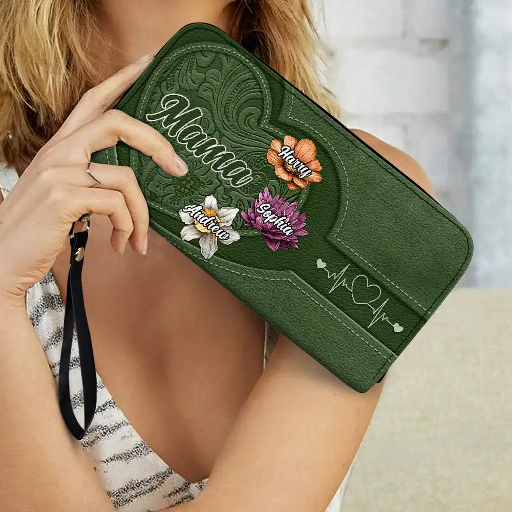 Grandma Mom Kids Birth Flowers Blooming In Love - Personalized Leather Long Wallet - Image 3