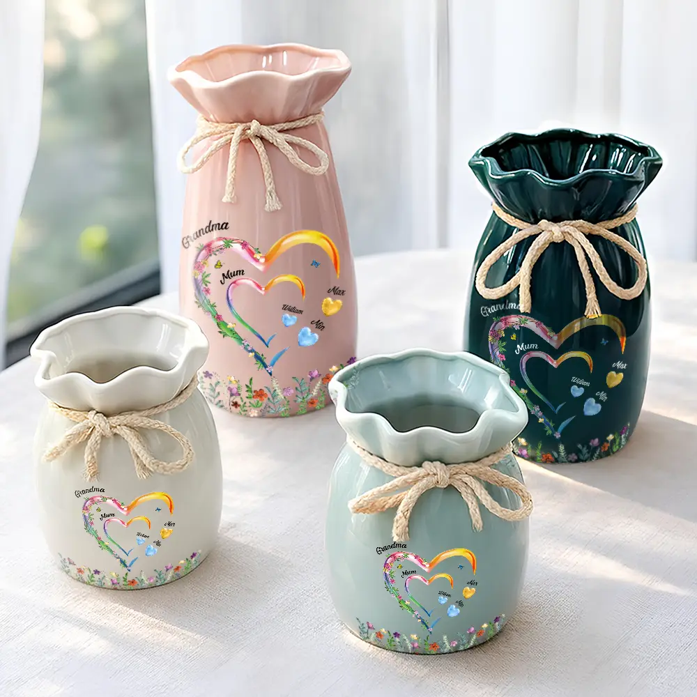 Grandma Mom Sweethearts 3D Effect Faux Ceramic Glaze - Personalized Ribbon Tie Flower Vase - Image 2
