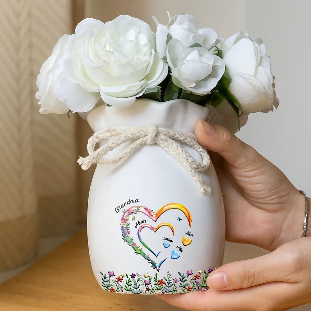 Grandma Mom Sweethearts 3D Effect Faux Ceramic Glaze - Personalized Ribbon Tie Flower Vase - Image 4