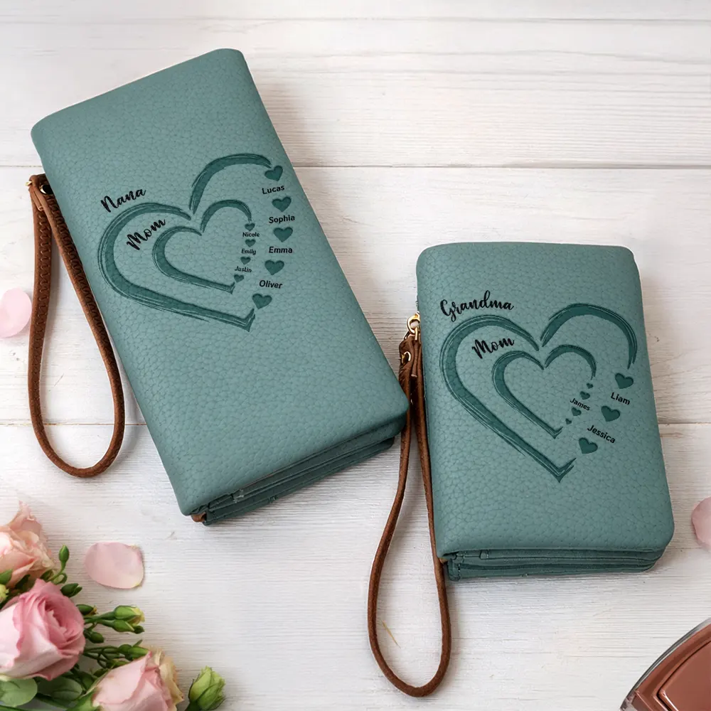 Grandma Mom Sweethearts Faux Debossed - Personalized Tri-Fold PU Leather Wristlet Wallet - Image 2