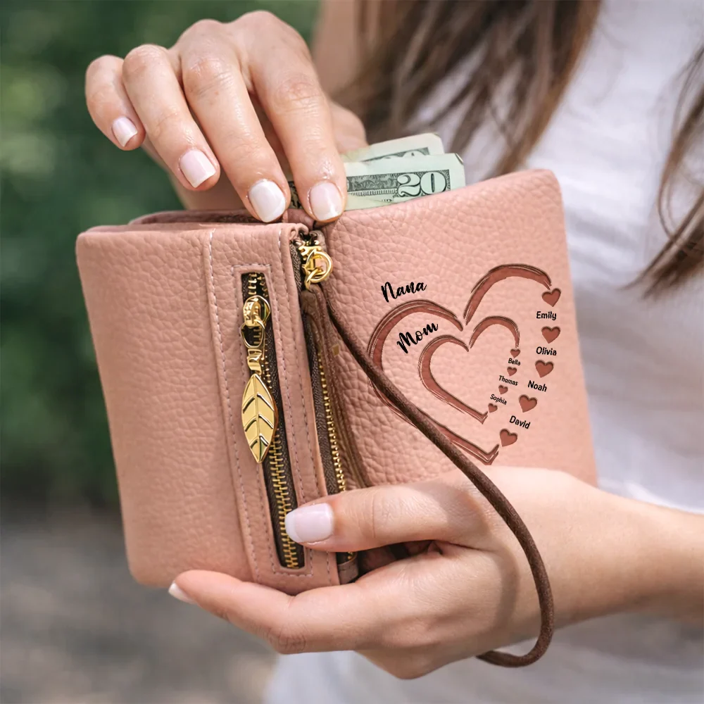 Grandma Mom Sweethearts Faux Debossed - Personalized Tri-Fold PU Leather Wristlet Wallet - Image 6