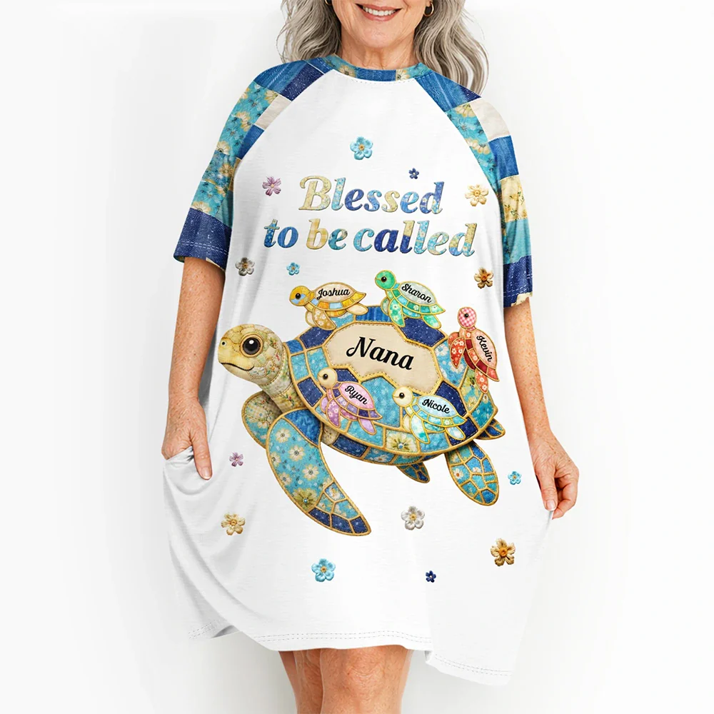 Grandma Mom Turtle Faux Patchwork Effect - Personalized Women's Sleep Tee