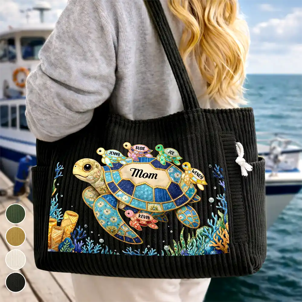 Grandma Mom Turtle Faux Patchwork - Personalized Corduroy Tote Bag - Image 2