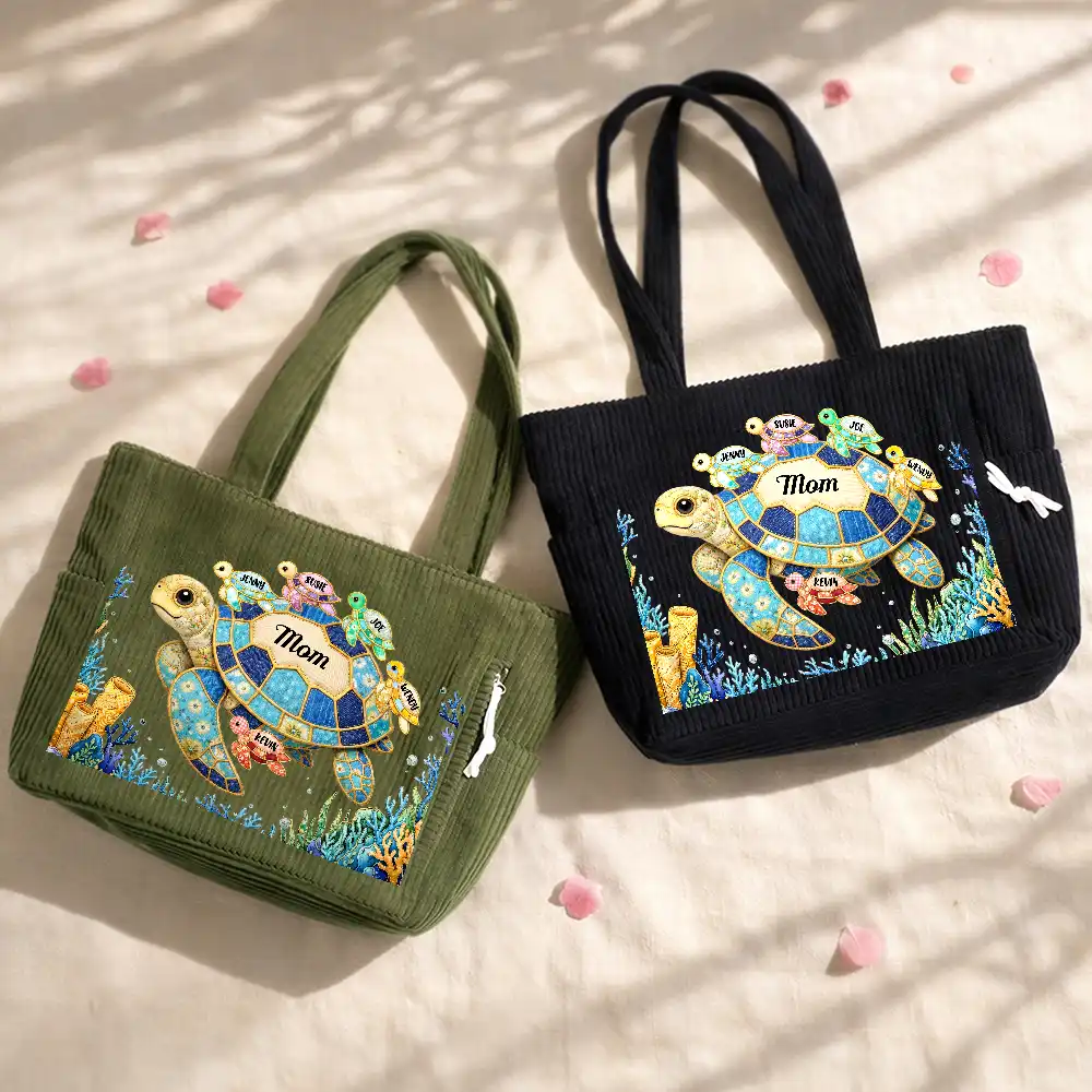 Grandma Mom Turtle Faux Patchwork - Personalized Corduroy Tote Bag - Image 3