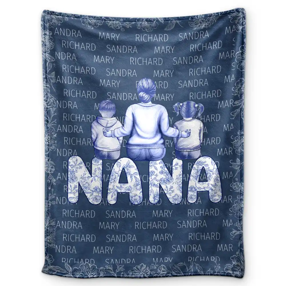 Grandma Nana Toile Back View Family - Personalized Fleece Blanket, Sherpa Blanket