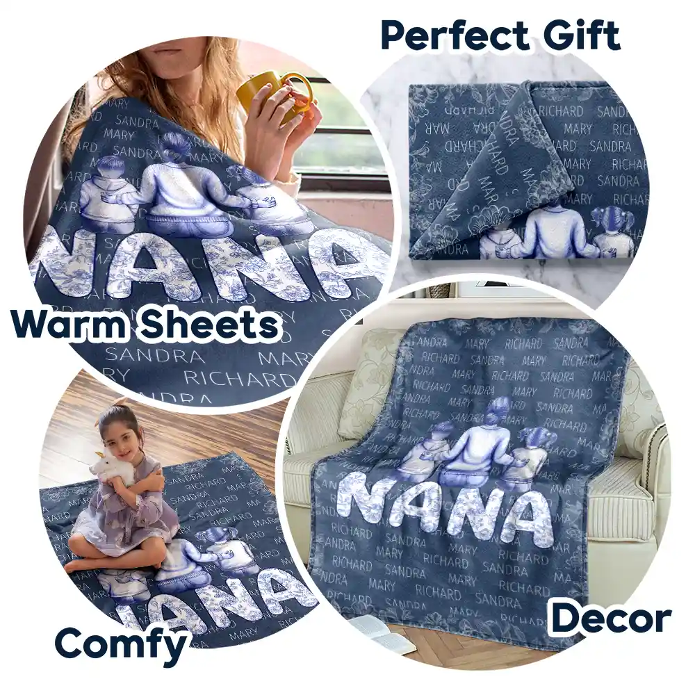 Grandma Nana Toile Back View Family - Personalized Fleece Blanket, Sherpa Blanket - Image 7