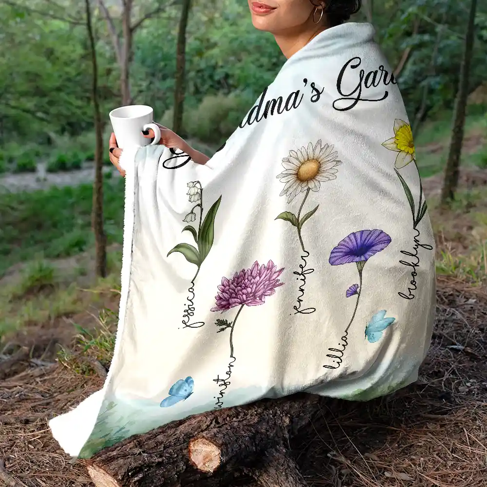 Grandma Nana's Garden Birth Month Flower - Personalized Fleece Blanket, Sherpa Blanket - Image 5