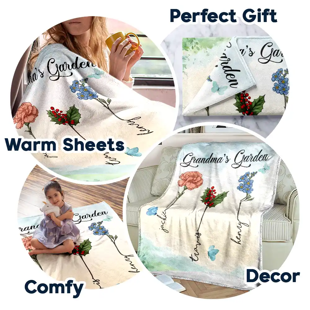 Grandma Nana's Garden Birth Month Flower - Personalized Fleece Blanket, Sherpa Blanket - Image 6