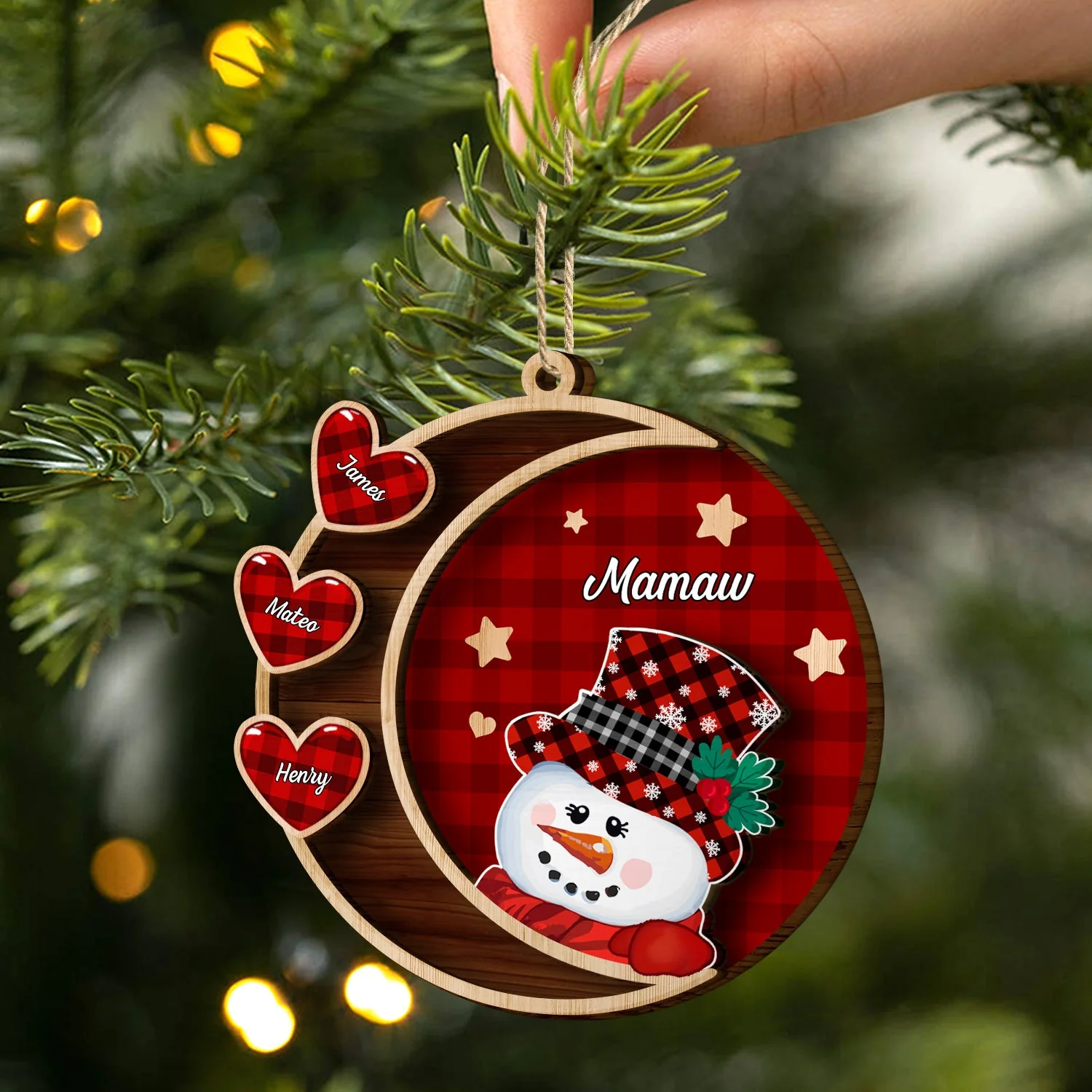Grandma Snowman - Christmas, Loving Gift For Grandpa, Grandma, Grandparents - Personalized 2-Layered Wooden Ornament - Image 2