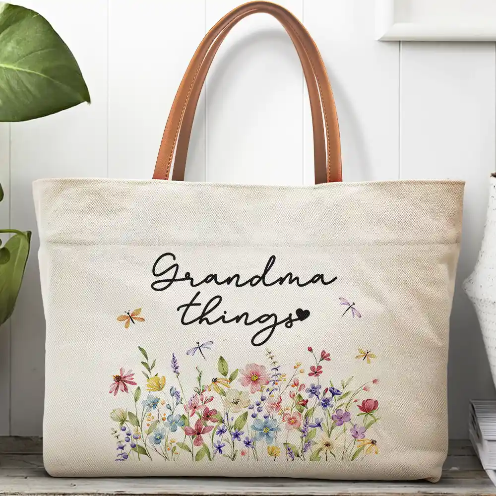 Grandma Things Grandma Getaway Bag Wild Flowers - Personalized Leather Handle Tote Bag