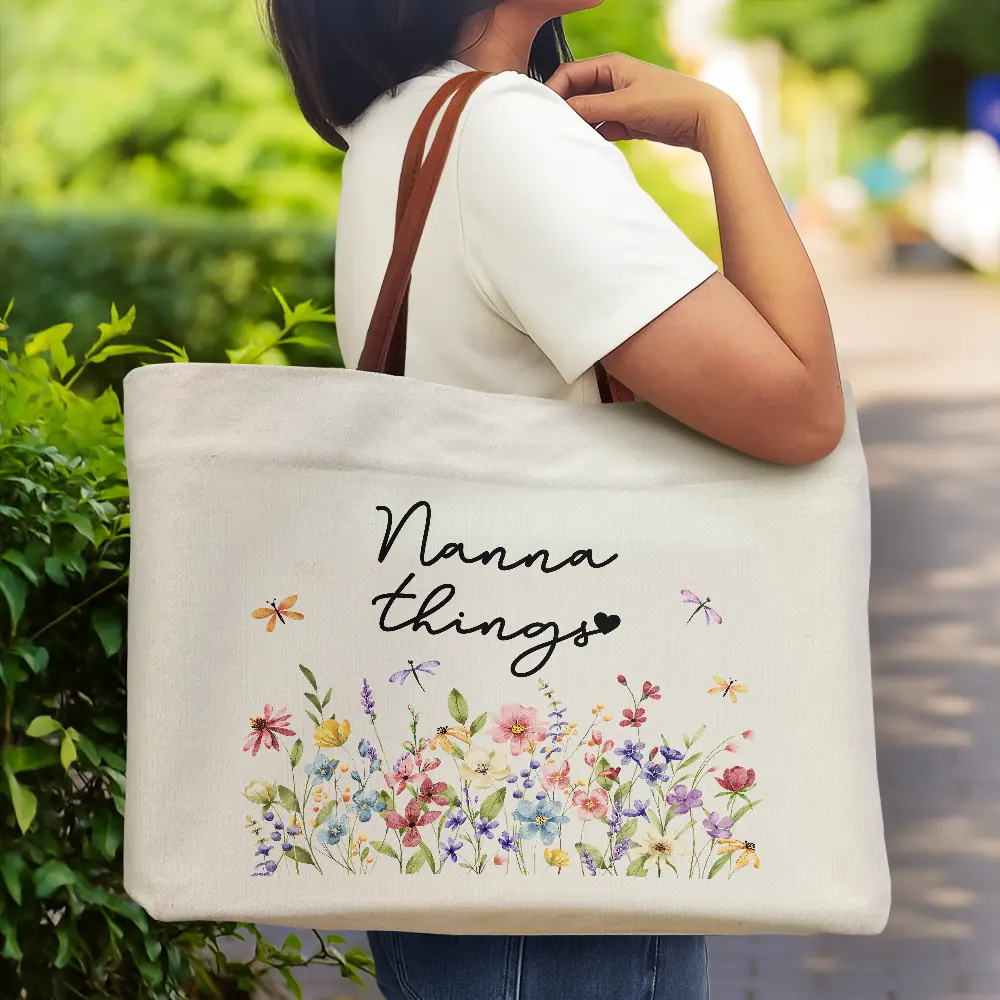 Grandma Things Grandma Getaway Bag Wild Flowers - Personalized Leather Handle Tote Bag - Image 2
