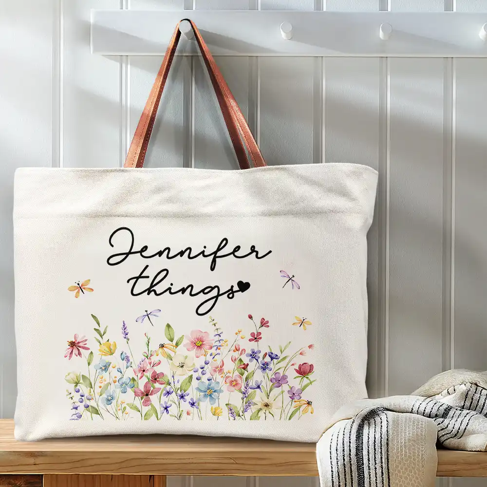 Grandma Things Grandma Getaway Bag Wild Flowers - Personalized Leather Handle Tote Bag - Image 3