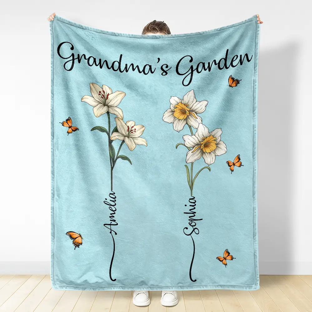 Grandma's Garden Birth Flower Bouquet - Personalized Fleece Blanket, Sherpa Blanket - Image 3