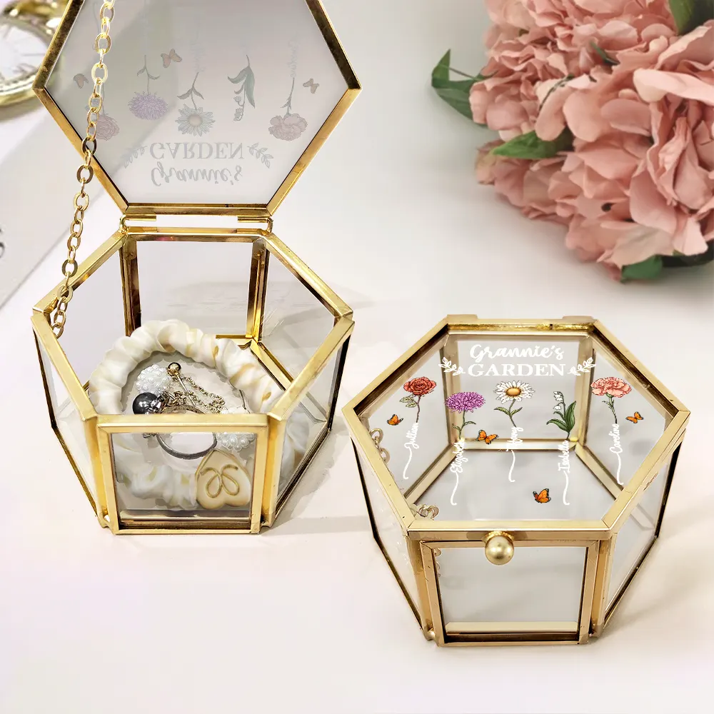 Grandma's Garden Birth Flower - Personalized Glass Jewelry Box - Image 2