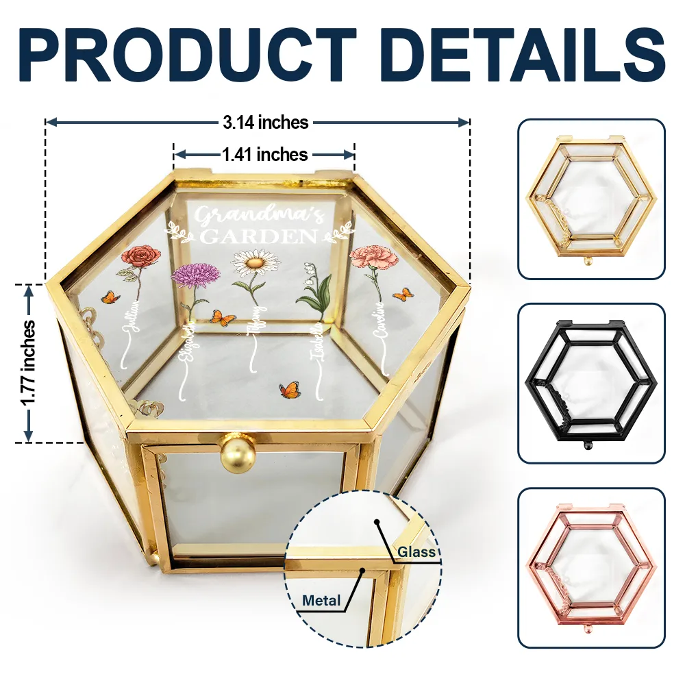 Grandma's Garden Birth Flower - Personalized Glass Jewelry Box - Image 6